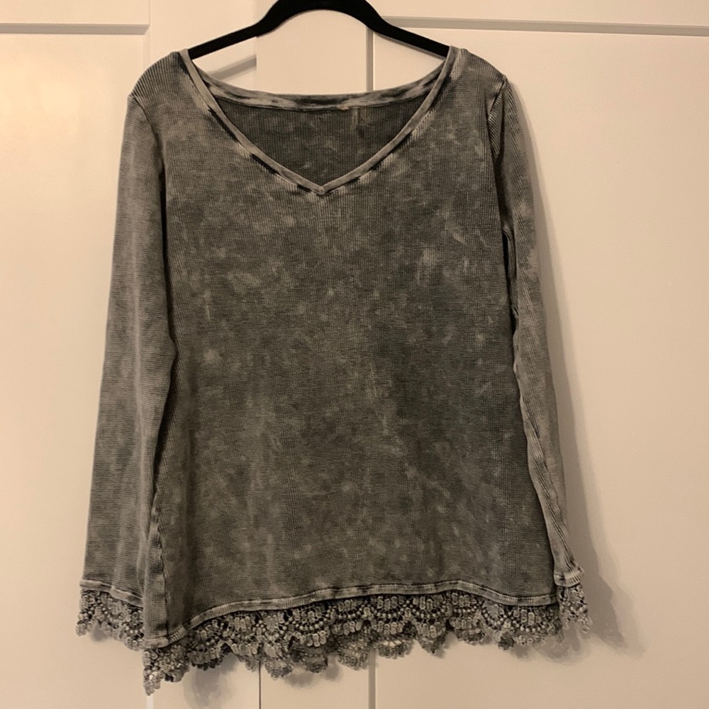 Soft Surroundings Sutton Gray Thermal Waffle Tunic Top Crochet Lace Trim Medium